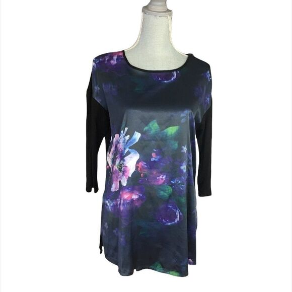 Peter Nygard Black Floral Polyester Blend Top Size 6-8 - Picture 1 of 3